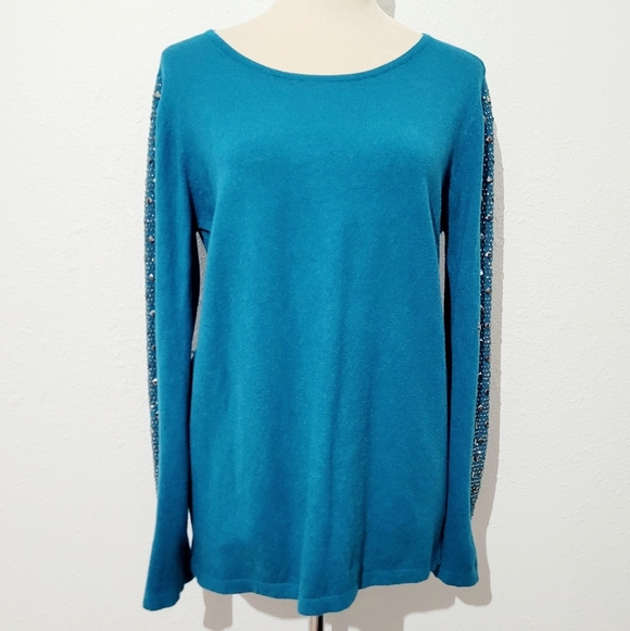 Milano Teal Knit Sweater Women’s Size Large Beaded Studded Sleeve Pullover Top - Picture 3 of 10